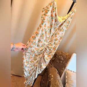 ASOS Cream Midi Dress with Orange Floral Design, sexy front/back rushing